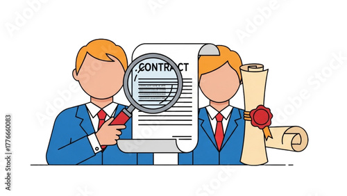 High-Quality Black Outline Colorful Art of Businessperson Reading Contract with Magnifying Glass, Document and Seal Outlined, Minimal Clean Composition on White Background