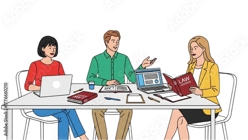 High-Quality Black Outline Colorful Art of Three Professionals Seated at Meeting Table with Open Legal Books and Laptops, Minimalist Corporate Consultation Scene on White Background