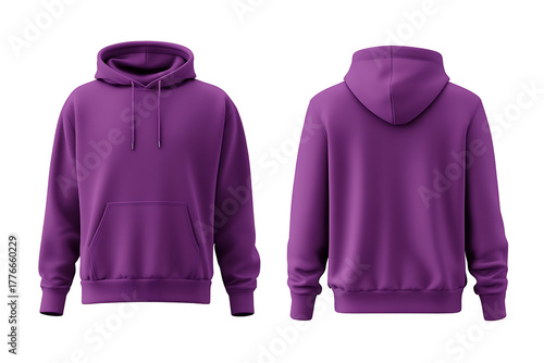 Front and back view mockup of a solid vibrant purple cotton blend hooded sweatshirt hoodie garment with drawstrings for fashion apparel design isolated on transparent background