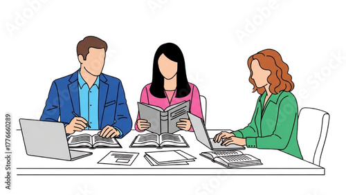 High-Quality Black Outline Colorful Art of Three Businesspeople Discussing at Table with Laptops and Open Books, Symbolizing Legal Strategy and Corporate Decision-Making, Minimal Composition 