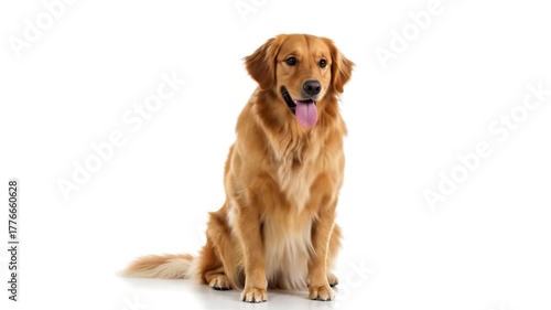 Golden retriever dog sitting and panting on a white studio background
