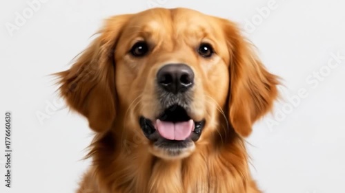 Happy golden retriever dog close-up portrait with open mouth and tongue showing