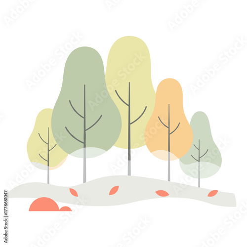 Animated trees in pastel colors standing on a foggy background with copy space