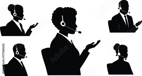 Silhouette call center agents wearing headsets, customer service representatives teamwork communication, business support staff collaboration, professional hotline operators,