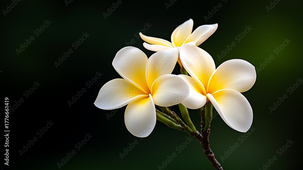 Fototapeta premium Close-up of three plumeria blossoms