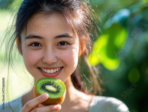 A Japanese woman is  smiling and holding kiwi.
