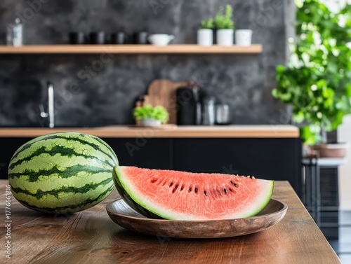 A sliced watermelon in the kitchen.