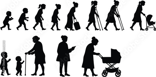 Life stages silhouette illustration, woman aging process, female growth timeline, generational concept, human development, aging journey, family cycle, motherhood, 