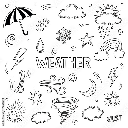 Hand-drawn weather icons: clouds, sun, rain, wind, and more