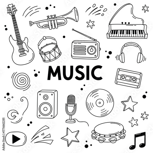 Musical elements doodle art with instruments and symbols