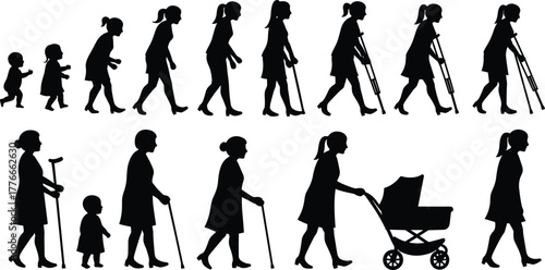Life cycle silhouette illustration, human growth stages, aging process concept, childhood to elderly, generational transition, family evolution, timeline of woman development, symbolic artwork