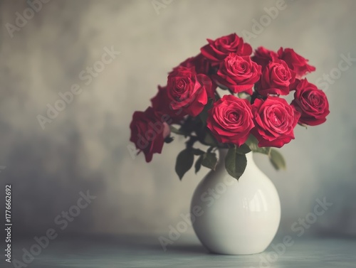 A beautiful red roses in the white vase.