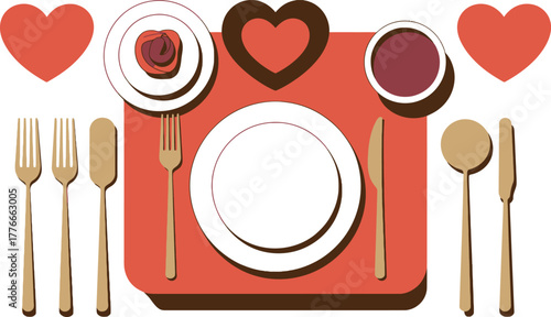 Elegant Table Setting Plates Cutlery Cup Heart Vector Illustration