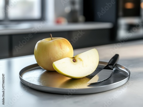A sliced apple and knife in the kitchen.