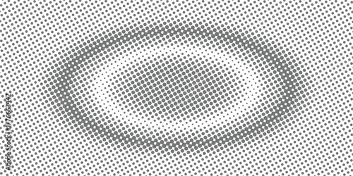 Gray halftones dots forming oval shape on white background pattern. Grunge halftone background.