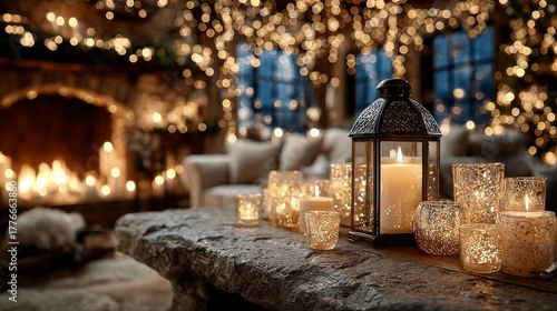 A cozy living room with a lit fireplace, glowing lanterns, and fairy lights creating a warm, festive ambiance.
