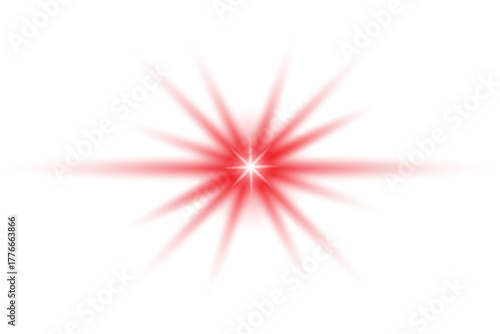 Glowing red star with white sparkle, bokeh effect on transparent background. Red flare, spotlight beam.