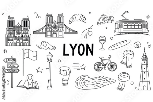 Lyon icons: landmarks, cuisine, and culture in line art illustration