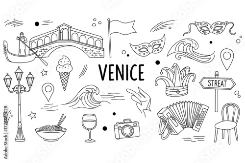 Venice doodles: gondola, rialto bridge, carnival masks, waves, and italian icons in black and white