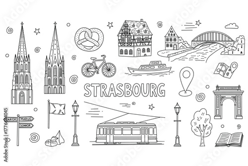 Strasbourg landmarks and icons: cathedral, tram, bridge, pretzel, historic buildings