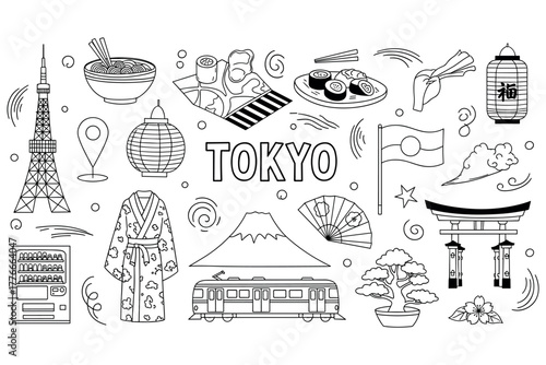 Tokyo doodle art: iconic symbols of japanese culture and landmarks