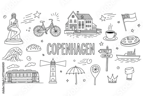 Copenhagen icons and landmarks doodle illustration with famous symbols and activities