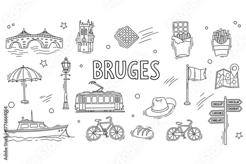 Hand-drawn illustrations of bruges landmarks and belgian culture