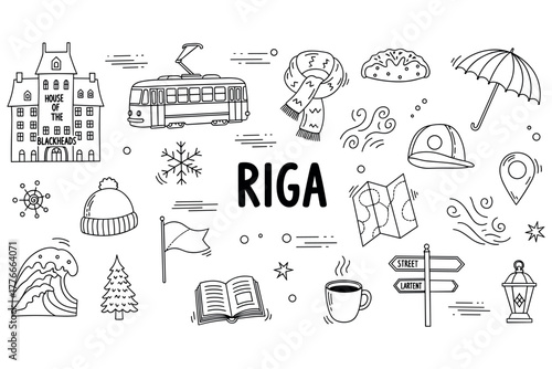 Riga doodle art: tram, hat, map, coffee, architecture, symbols of latvia