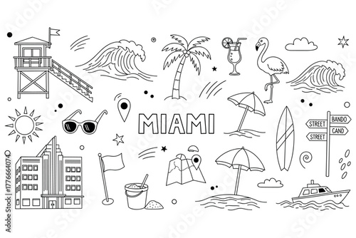 Miami beach summer icons: palm trees, waves, flamingo, surfboard, drinks, maps, sunglasses