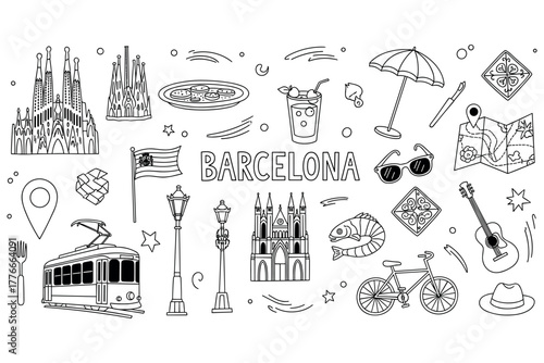 Barcelona: iconic landmarks, culture, and lifestyle symbols in line art