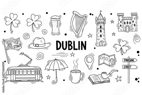 Iconic symbols of dublin featuring landmarks and traditional irish elements