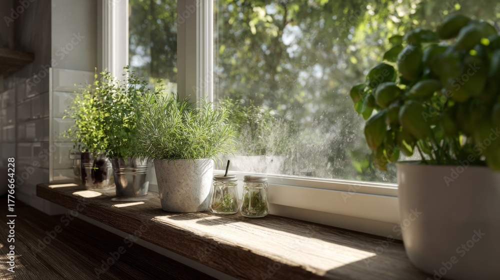 Fototapeta premium Sunlit Kitchen Window with Fresh Green Herbs in Pots, Natural Light Illuminating the Indoor Garden Space with a Calm and Inviting Atmosphere