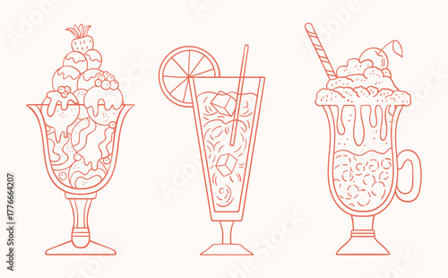 Set of outline drawings of sweet desserts and drinks — ice cream sundae, cocktail, and milkshake in glasses. Minimal linear design for café, menu, or summer illustration.