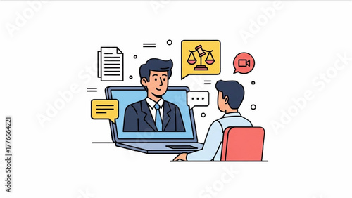 High-Quality Black Outline Colorful Art of Lawyer Appearing on Laptop Screen with Client Seated in Front, Concept of Digital Legal Service, Minimal Composition on White Background