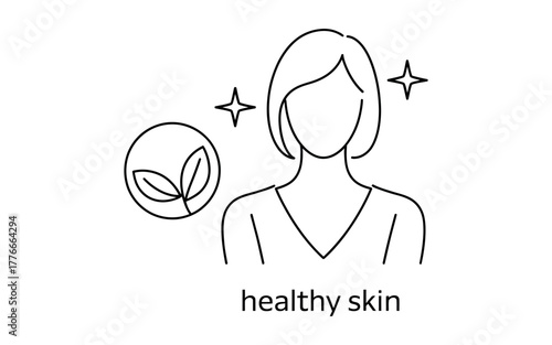 Clean, glowing skin represented by a stylized person with sparkling accents and a plant icon.