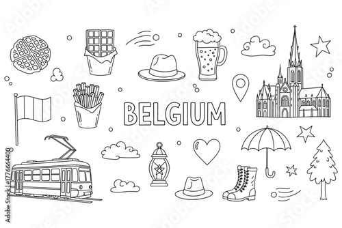 Belgium culture doodles: waffles, cathedral, fries, beer mug, tram, lantern, hat