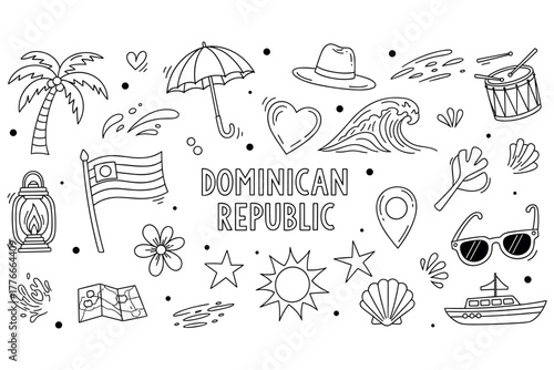 Dominican republic symbols: culture, nature, and leisure in hand-drawn illustrations