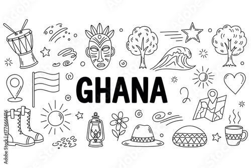 Ghana doodles: drum, mask, trees, flag, and cultural icons in black and white