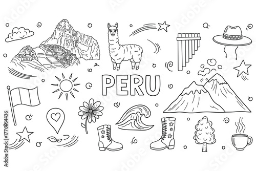 Peru symbols: machu picchu, llama, andes mountains, pan flute, traditional hat, boots, wave, tree, flower