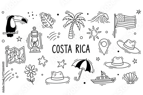 Costa rica icons: toucan, palm tree, waves, lantern, map, flag, sun, umbrella, boat