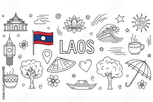 Laos doodle art: cultural symbols and iconic landmarks in black and white