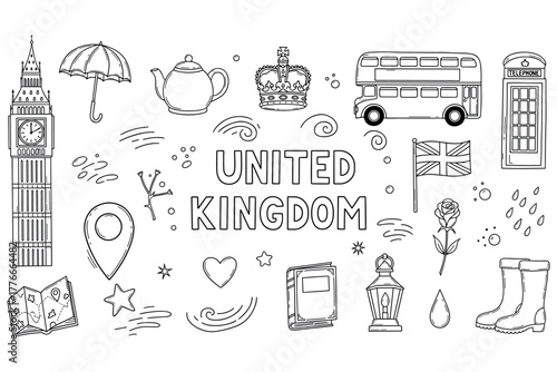 United kingdom icon set: big ben, umbrella, teapot, crown, bus, phone booth, flag, rose