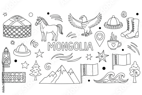 Mongolia line art: traditional symbols and landmarks including yurt and horse