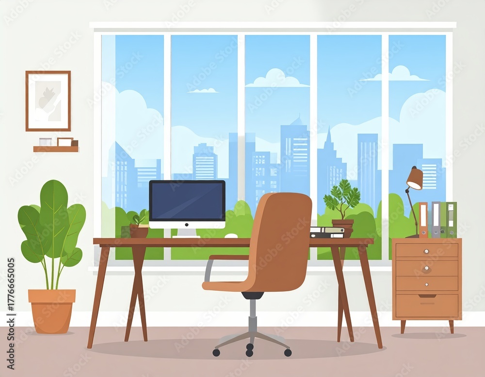 Obraz premium Modern office interior illustration with a computer desk and a beautiful city view