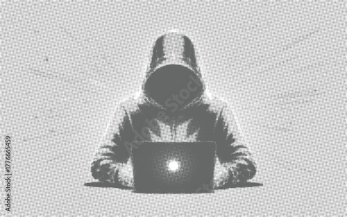 Halftone hooded figure using laptop computer person.