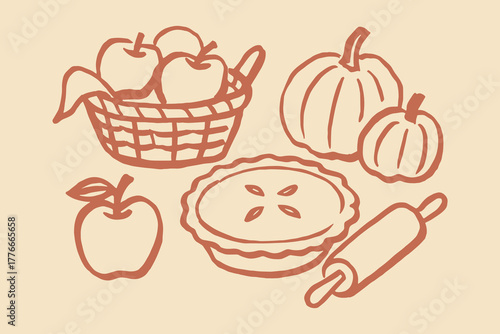 Pumpkins, apples and pie still life, hand-drawn sketch vector