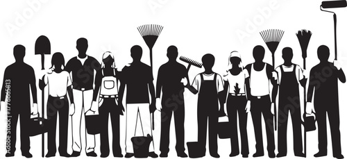 Diverse group of volunteers holding cleaning and gardening tools ready for community service