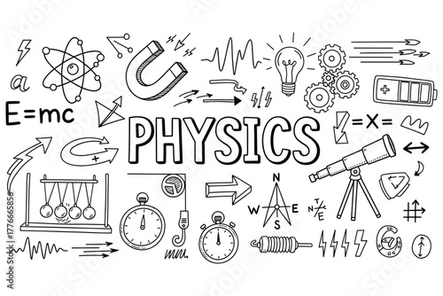Physics concepts: energy, motion, electricity, and magnetism in hand-drawn illustrations