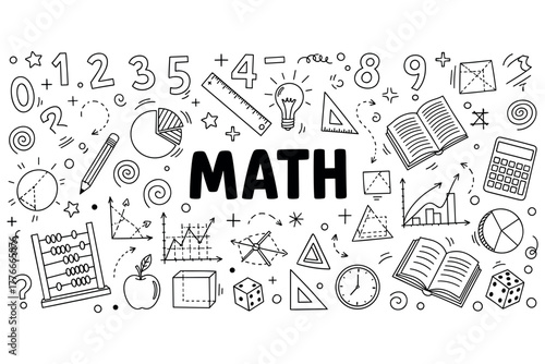 Mathematics doodles: numbers, equations, and symbols in black and white