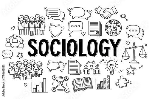 Sociology concepts: communication, society, and global interaction illustrations
